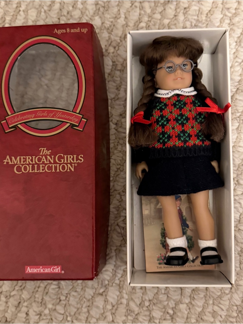 American Girl Doll Molly mini doll with Red & Green Sweater and Navy Skirt